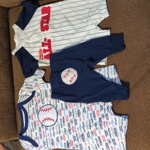 0-3 month 3 piece set, 2 rompers and a pair of pants.